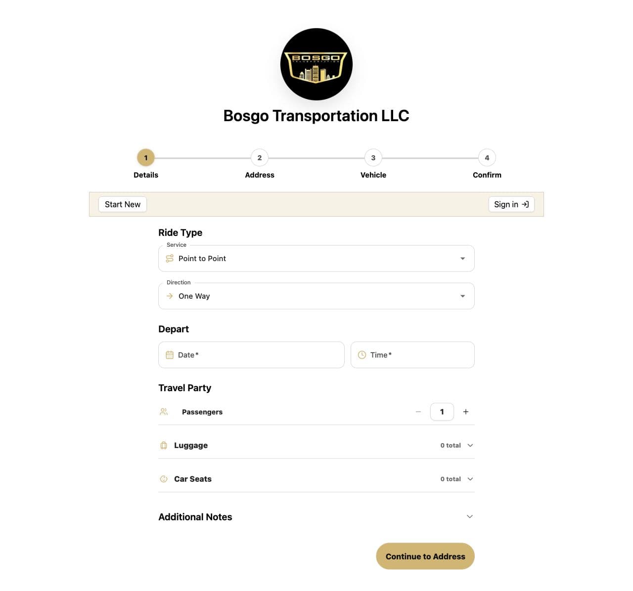 Bosgo Transportation hosted booking page on the ride details step