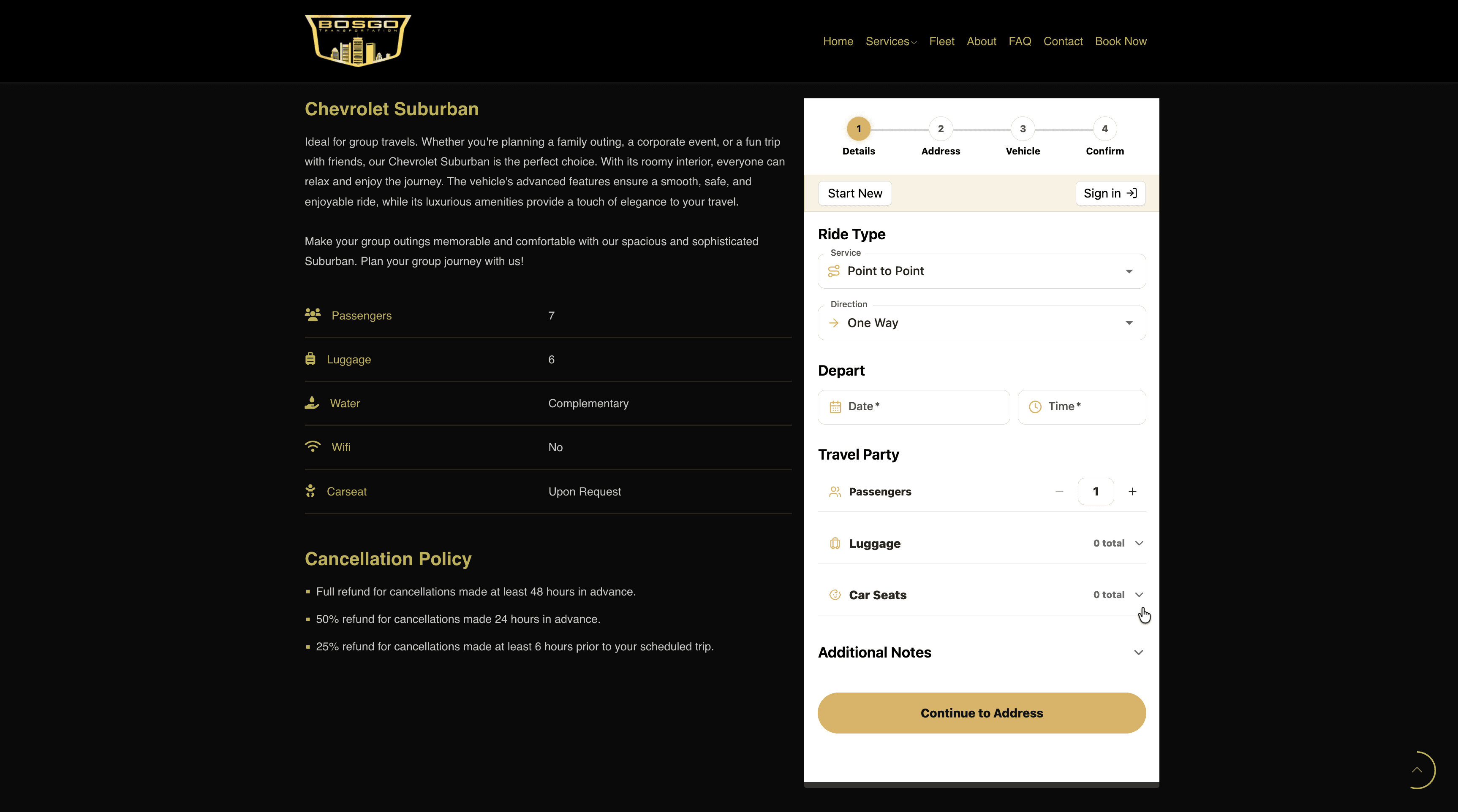 OneLimo booking experience embedded in the Bosgo Transportation website