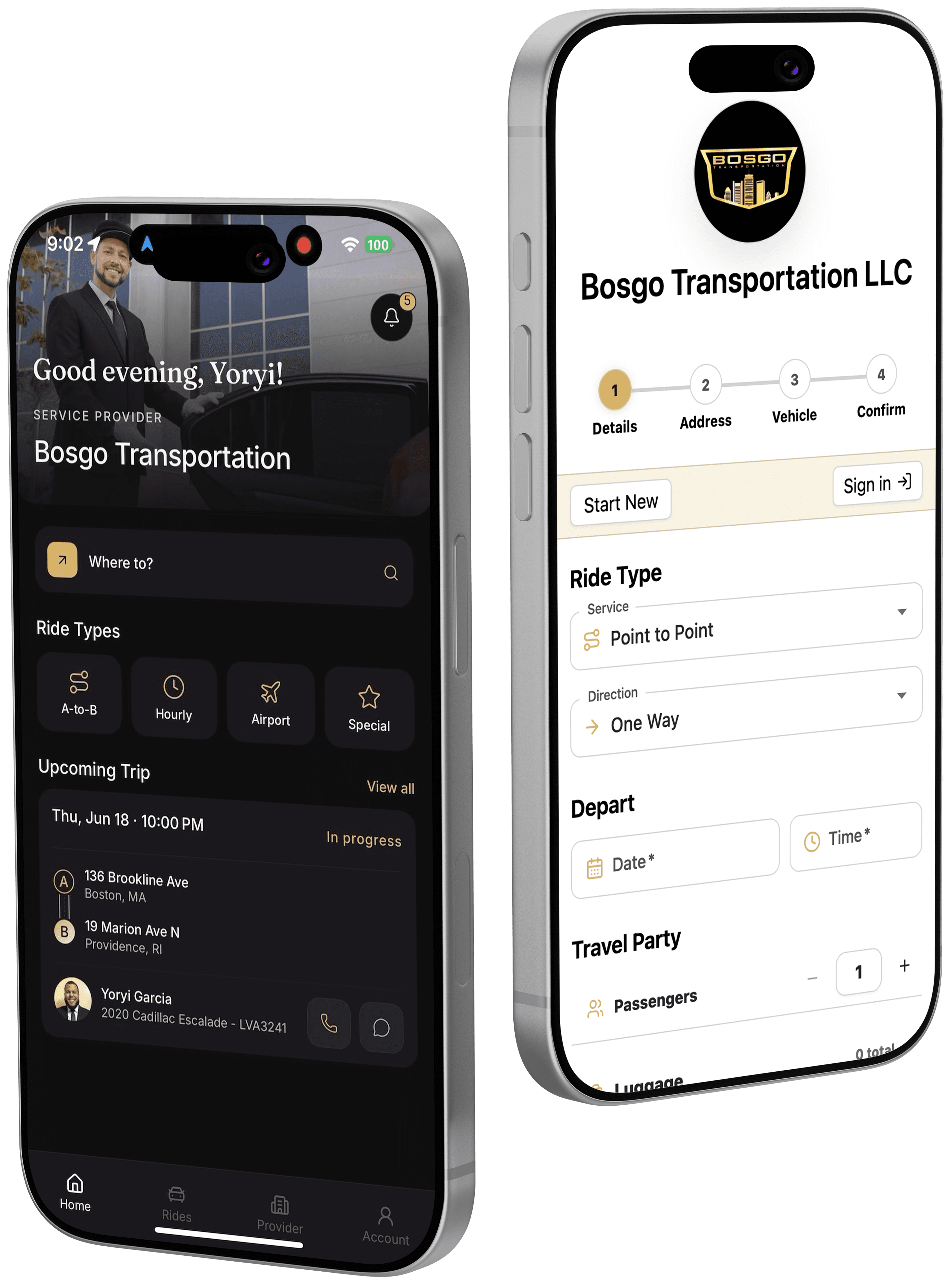 Coachman passenger home and Bosgo booking intake shown on two iPhones