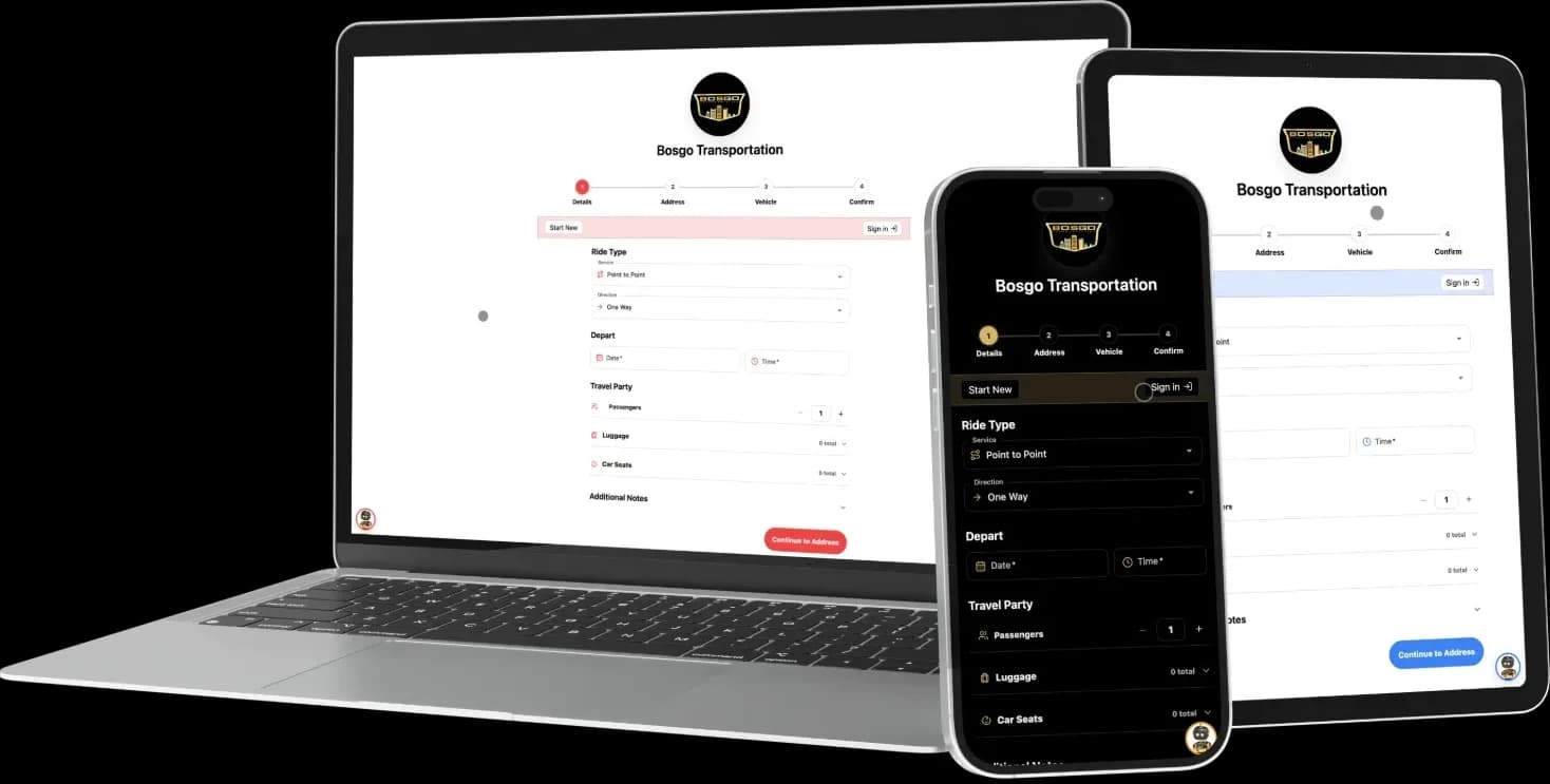 The Bosgo Transportation booking page on a laptop, a phone, and a tablet