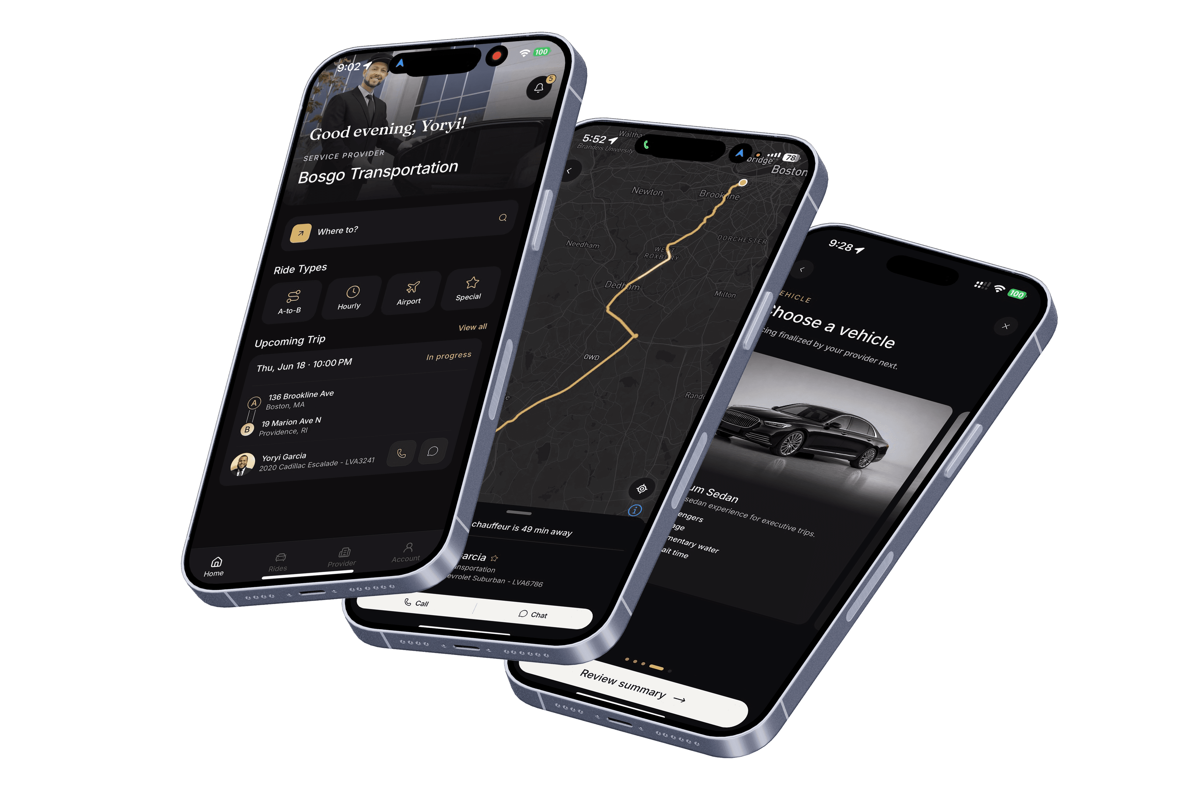 Coachman passenger experience with ride request and upcoming trip views