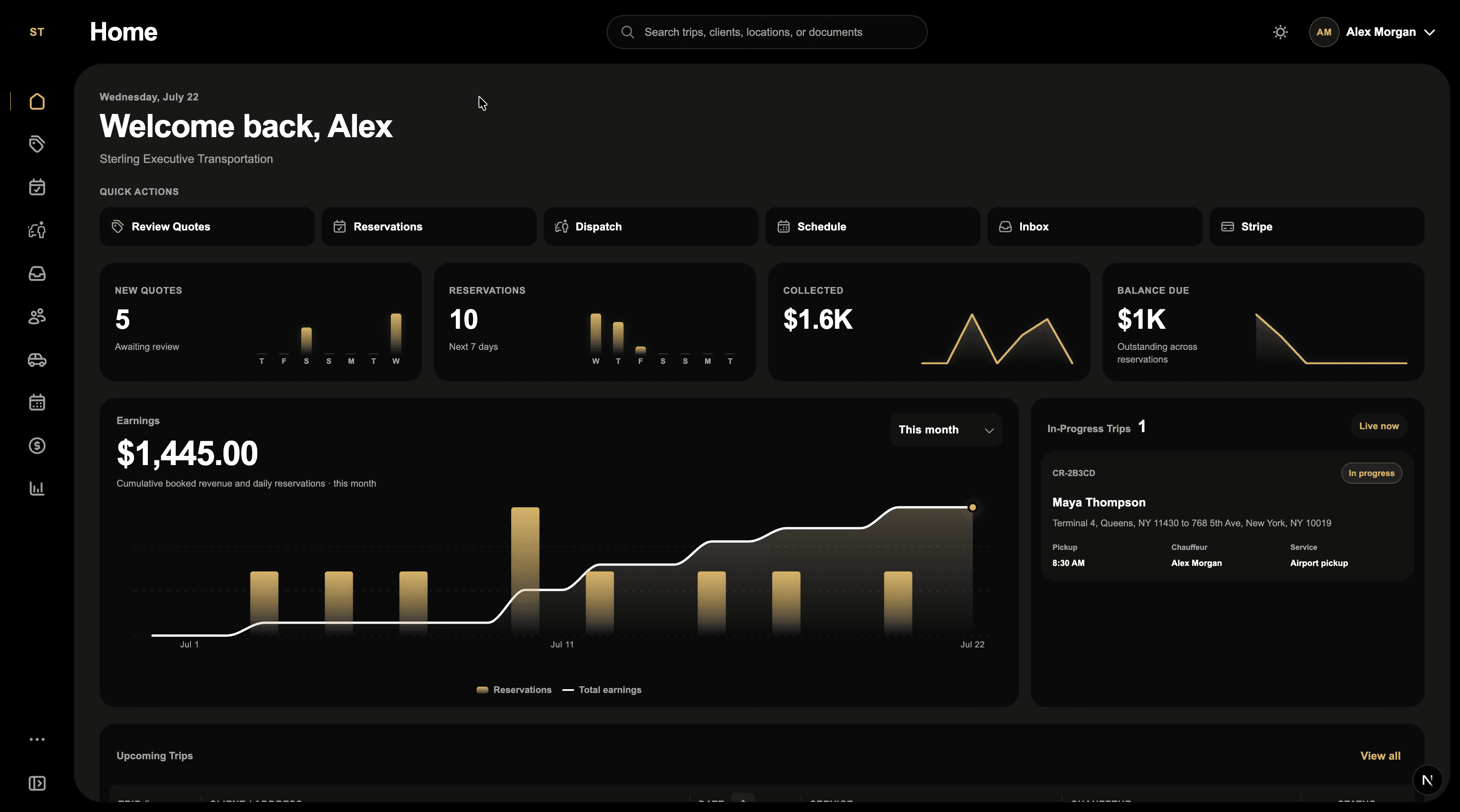 OneLimo Operations dashboard with business metrics and active trips