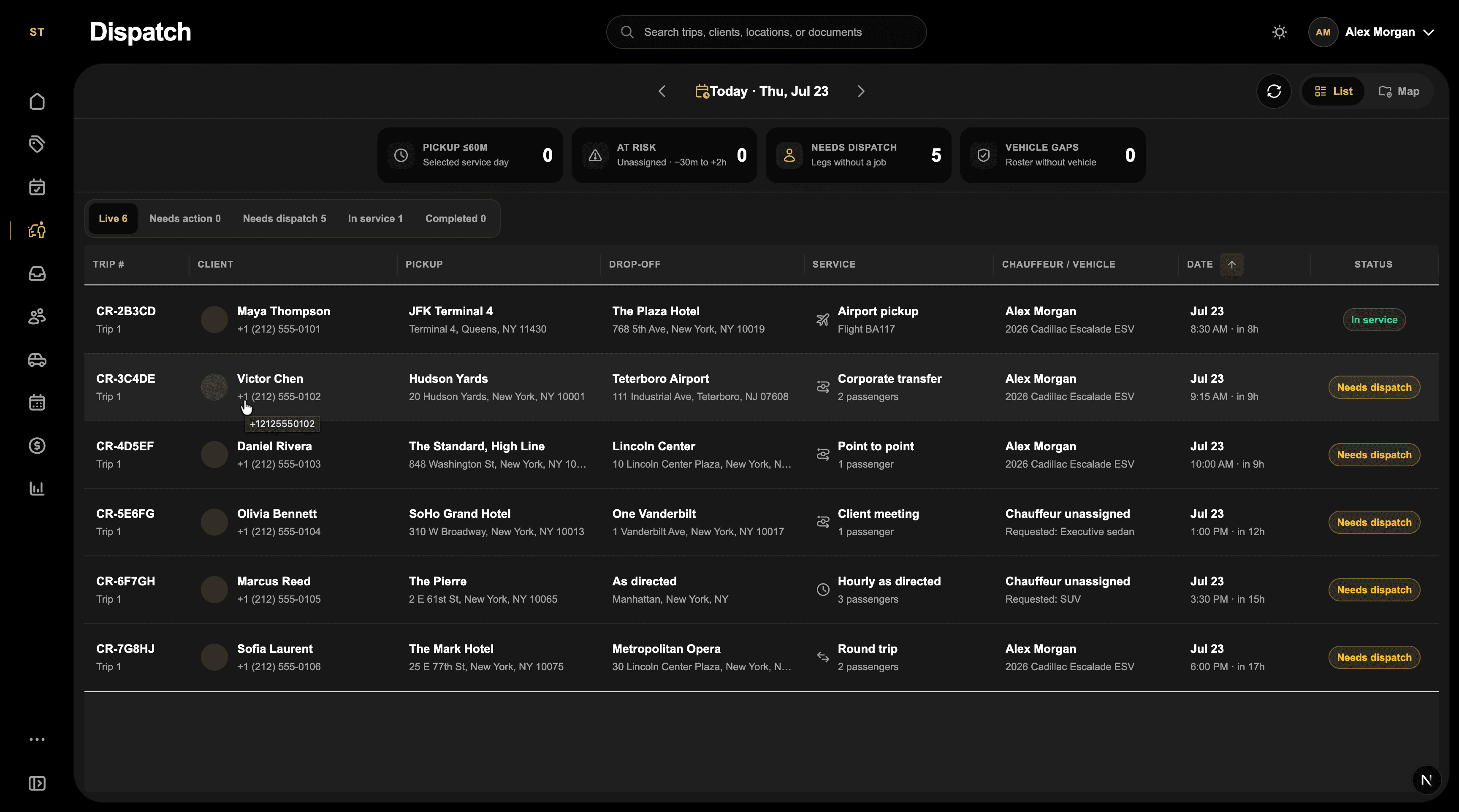 OneLimo dispatch workspace with reservations and trip assignments