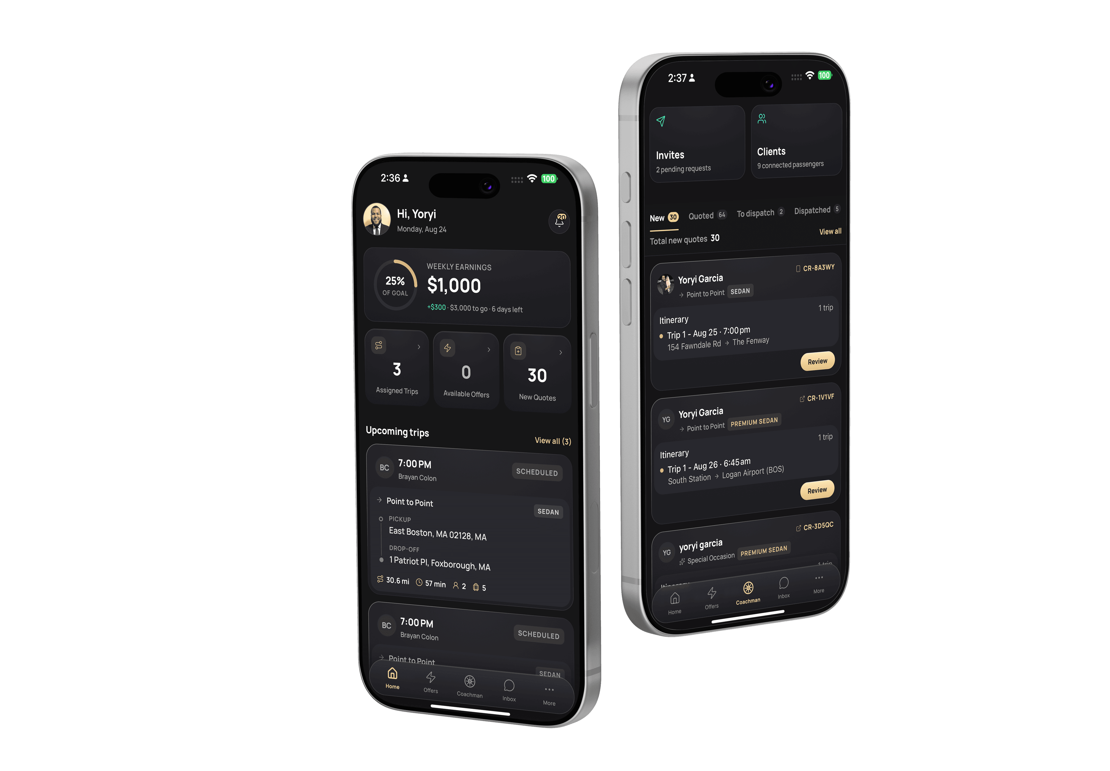 The OneLimo app showing upcoming trips, weekly earnings, and quote requests on two iPhones
