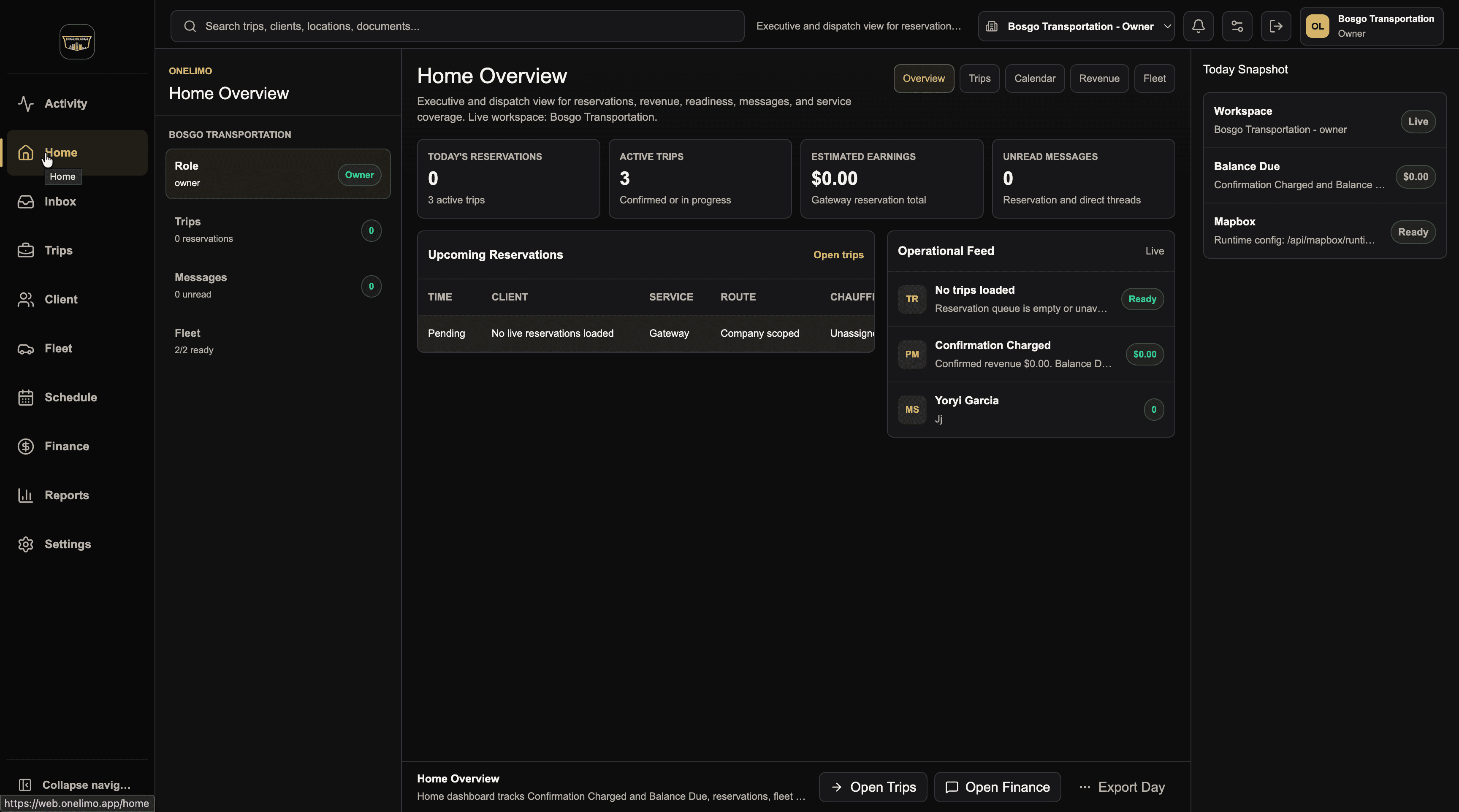 OneLimo operations dashboard with reservations, trips, earnings, messages, and fleet status