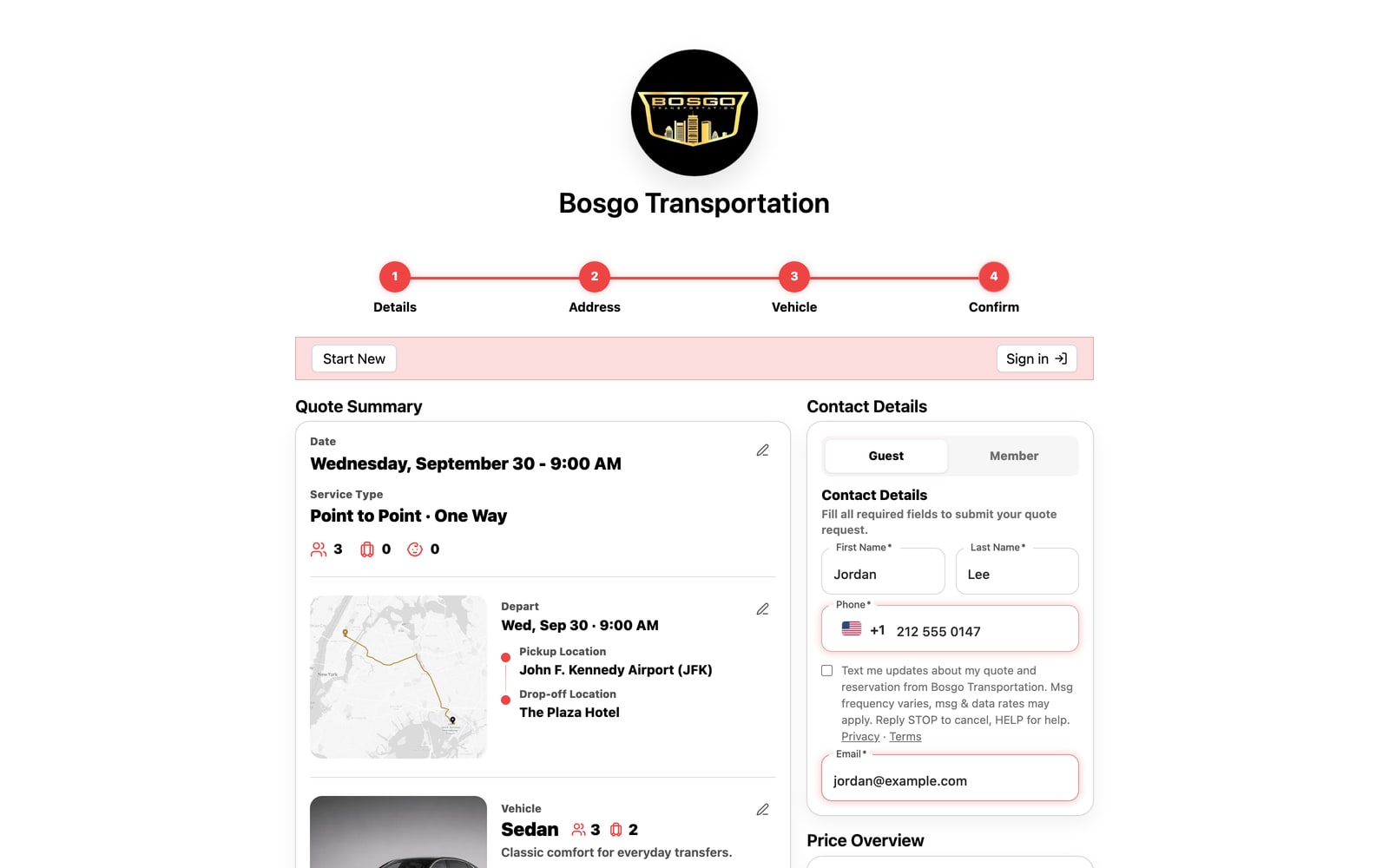 Quote summary for an example airport ride before submitting a request