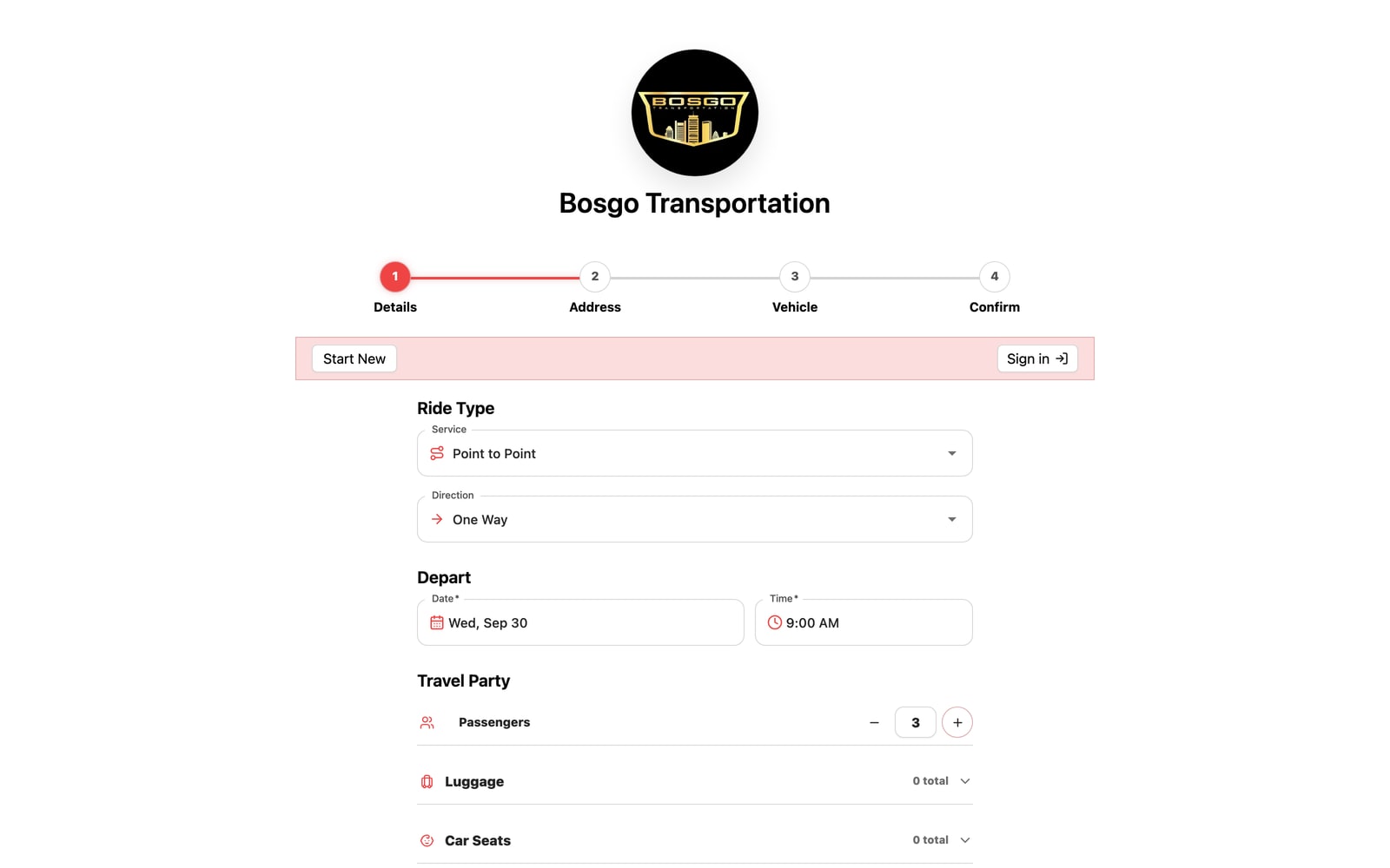 The trip details step of the booking page with the service, date, time, and travel party filled in