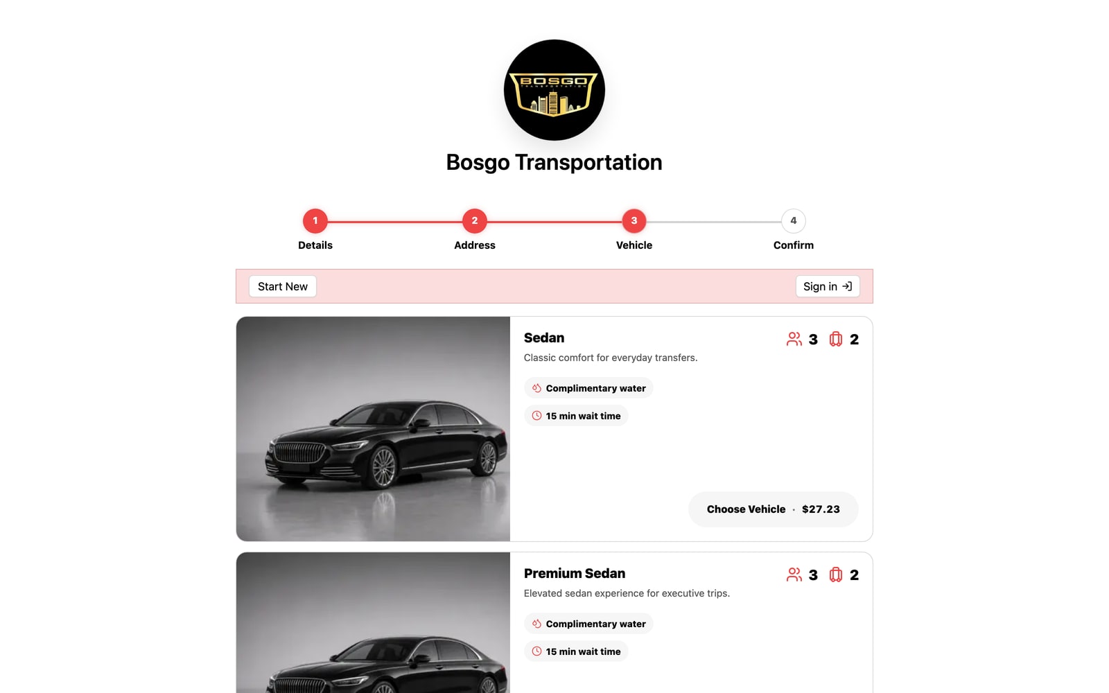 Vehicle choices in the booking flow, with photos, passenger capacity, and amenities