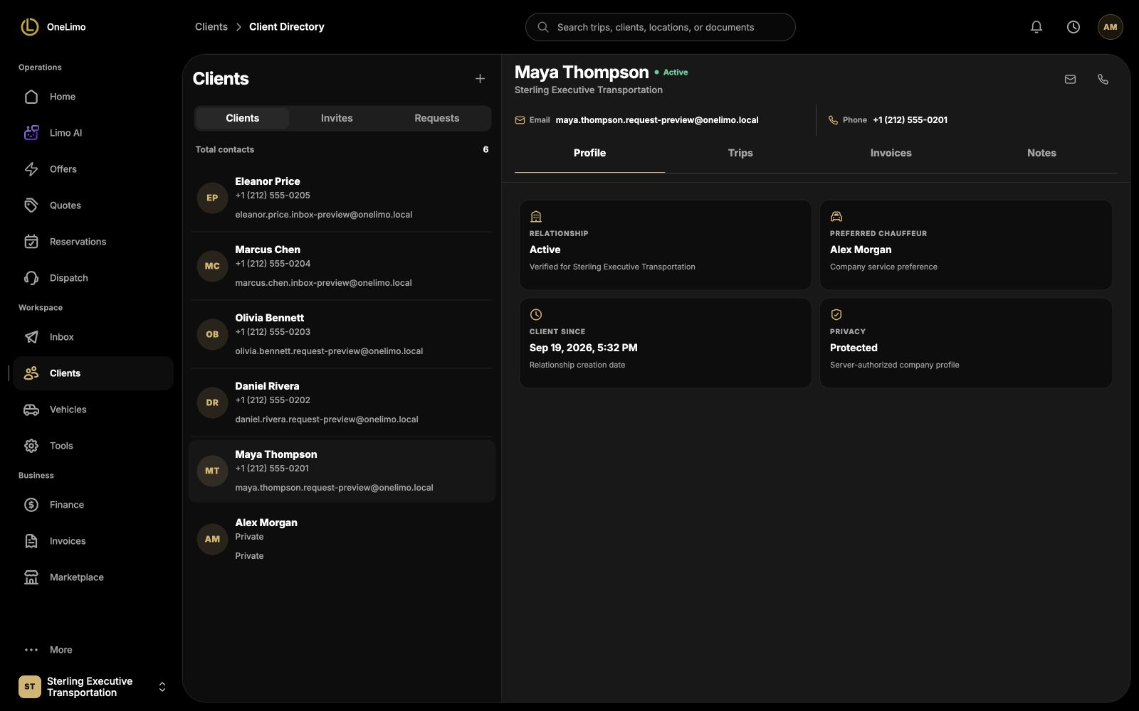 OneLimo client directory with company client records