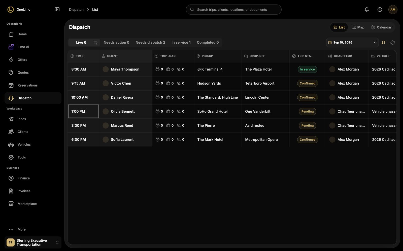 OneLimo dispatch list with trip status, chauffeur, and vehicle assignments