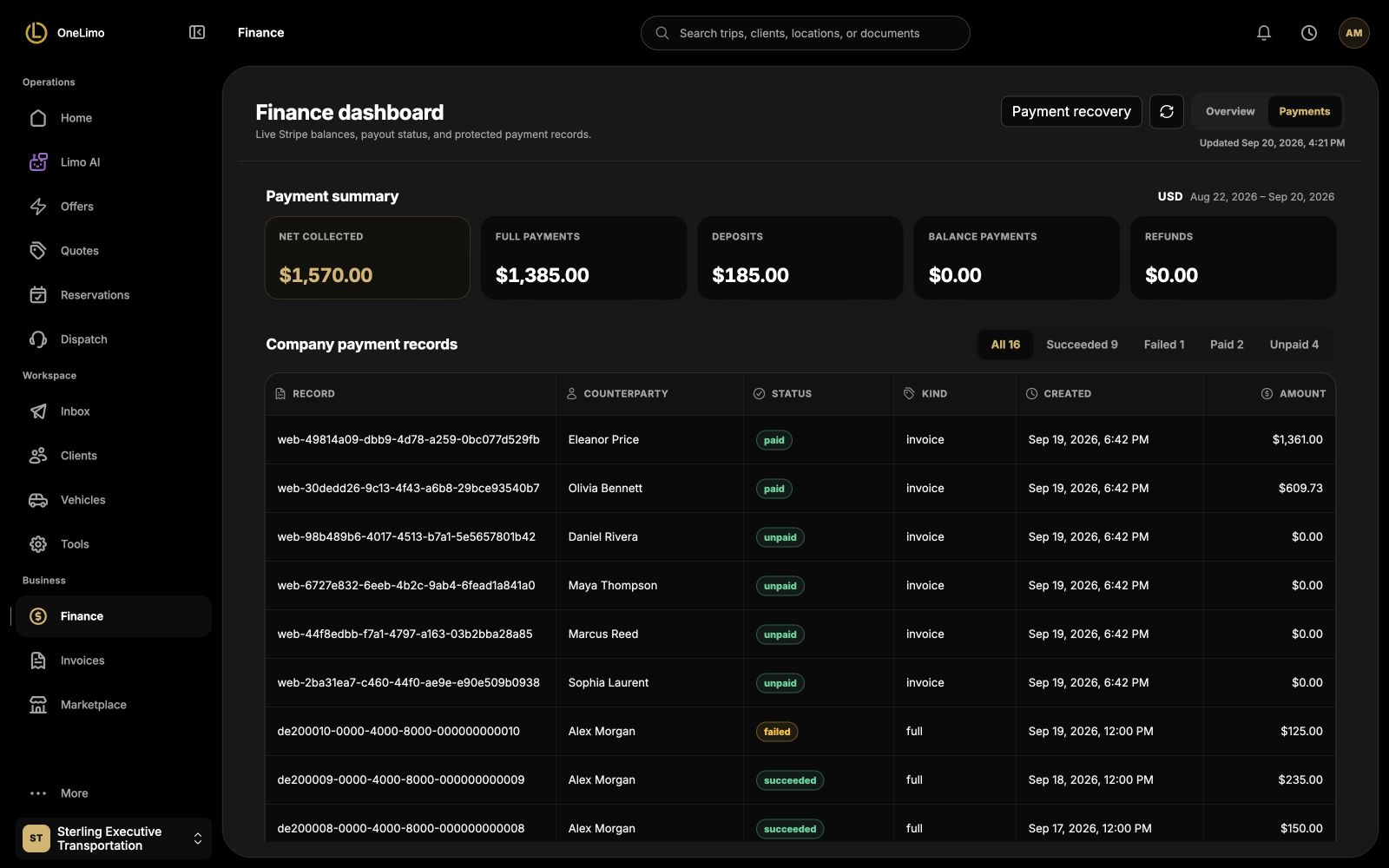 OneLimo finance workspace with a payment overview