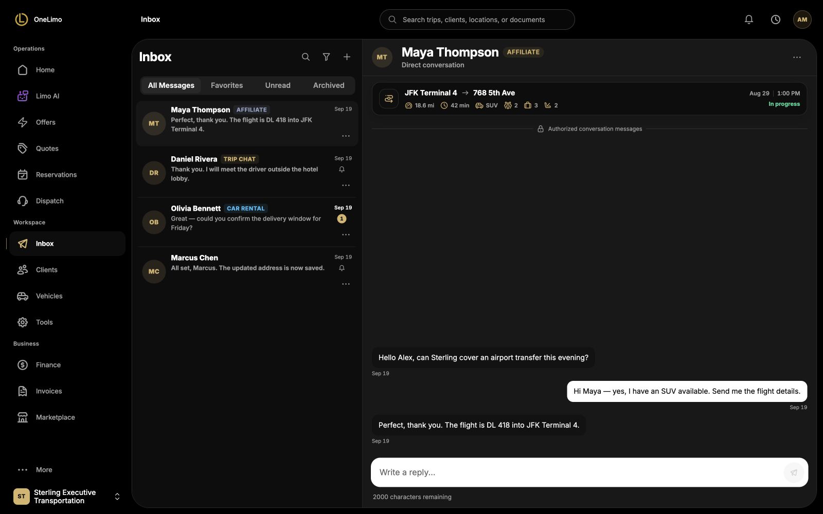 OneLimo company inbox with a conversation open