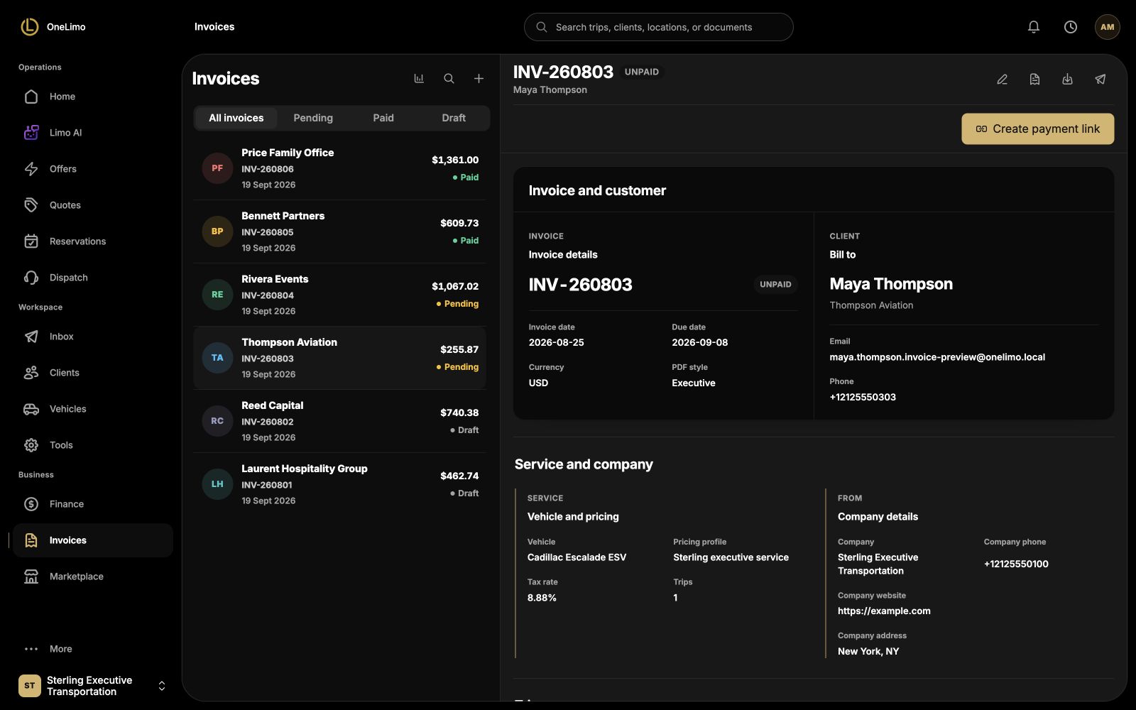OneLimo invoice list with invoice amounts and payment status
