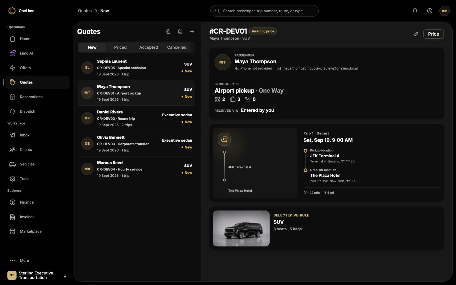 OneLimo quote requests and their booking details