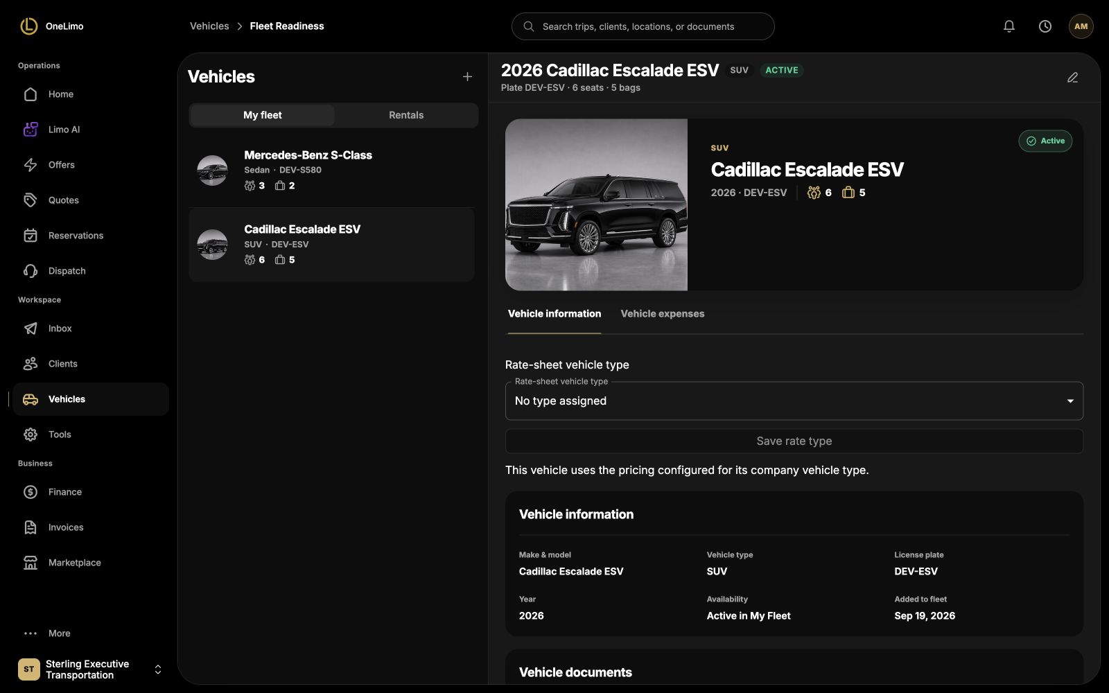OneLimo fleet workspace showing company vehicles